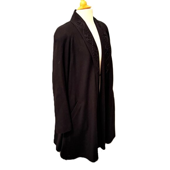 Vintage Alorna Coat Womens XL / 1X Black Wool Embroidered Open Front USA 60s - Picture 3 of 8